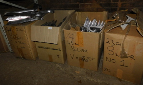 A group of silver coloured carved wooden letters, to include C, V, numbers, etc., 43cm and 23cm high. (4 boxes) Note: VAT is payable on the hammer price of this lot at 20%.