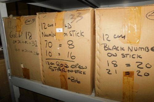 A group of painted wooden numbers on sticks, to include black painted and gold coloured, etc. (3 boxes) Note: VAT is payable on the hammer price of this lot at 20%.