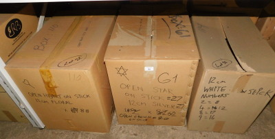 A group of painted wooden decorations on sticks, to include open stars, 12cm high, in silver, white numbers, etc. (3 boxes) Note: VAT is payable on the hammer price of this lot at 20%.