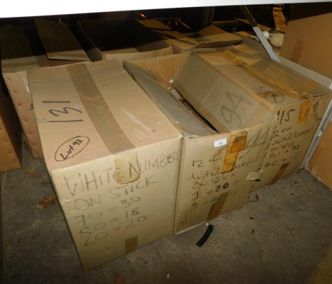 A group of white painted wooden numbers on sticks, to include 70, 80, 21, etc., 12cm high. (3 boxes) Note: VAT is payable on the hammer price of this lot at 20%.