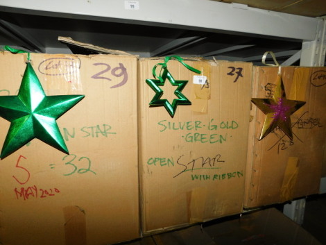 A group of green wooden star hanging decorations, to include purple glitter and open stars., each 20cm high. (3 boxes) Note: VAT is payable on the hammer price of this lot at 20%.