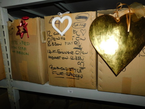 A group of painted wooden decorations, to include gold coloured hearts, 29cm high, red open stars, 12cm high, etc. (3 boxes) Note: VAT is payable on the hammer price of this lot at 20%.