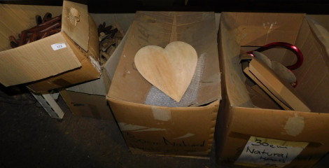 Various carved wooden letters, each 13cm high, unpainted carved wooden hearts, etc. (4 boxes) Note: VAT is payable on the hammer price of this lot at 20%.