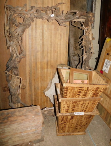 A large driftwood frame, lacking mirror plates, 135cm x 100cm, three tiger bamboo waste paper baskets, each 39cm, etc. (a quantity) Note: VAT is payable on the hammer price of this lot at 20%.