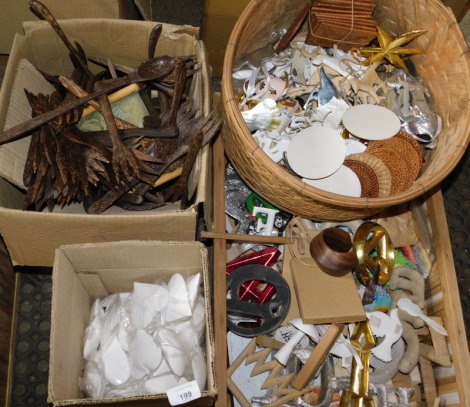 A quantity of carved wooden hanging ornaments, to include dove, 8cm high, white painted hearts, various palmwood utensils, wicker coasters, etc. (4 boxes) Note: VAT is payable on the hammer price of this lot at 20%.