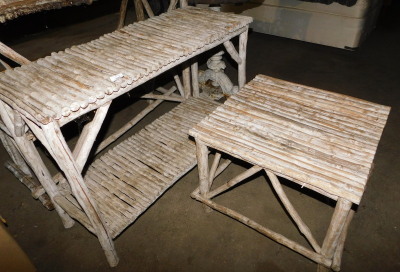 A faux driftwood two tier side table, 74cm high, 100cm wide, 41cm deep, and a similar coffee table, 46cm high, the top 62cm x 59cm. Note: VAT is payable on the hammer price of this lot at 20%.