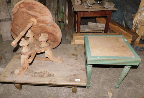 An Eastern hardwood table, the top with a hinged compartment on and tapering legs, 27cm high, the top 79cm x 63cm, a green painted occasional table, of square form on fluted tapering legs, 45cm high, the top 40cm x 40cm, and a further Eastern carved hardw