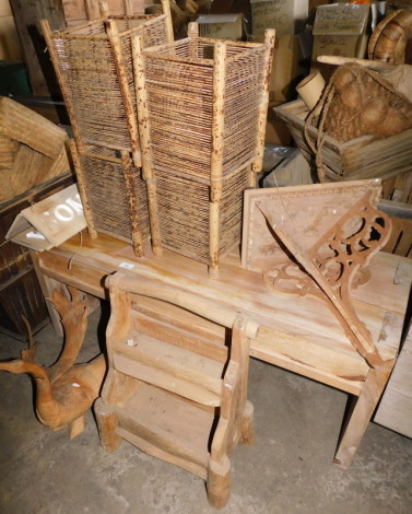 A reclaimed teak coffee table, 45cm high, the top 104cm x 46cm, a driftwood carving of a bird, an Eastern hardwood hanging corner shelf, 50cm high, bamboo candle stands, etc. (a quantity) Note: VAT is payable on the hammer price of this lot at 20%.