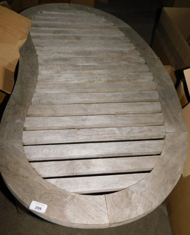 A reclaimed wood kidney shaped coffee table, with a slatted top, on square legs, 50cm high, 120cm wide, 60cm deep. Note: VAT is payable on the hammer price of this lot at 20%.