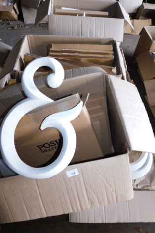 A group of white painted carved wooden numbers and symbols, to include &, P, U, V, etc., 43cm high. (a quantity) Note: VAT is payable on the hammer price of this lot at 20%.