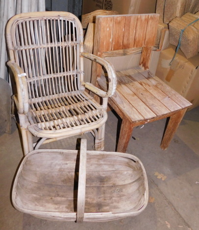 A reclaimed hardwood chair, with panel back and seat, 80cm high, a flower basket, and a wicker frame chair. Note: VAT is payable on the hammer price of this lot at 20%.