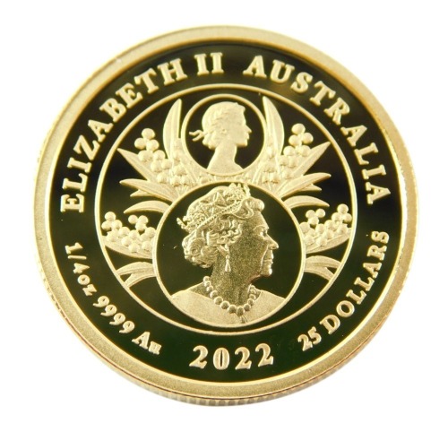 A Queen Elizabeth II Platinum Jubilee ¼oz gold proof commemorative coin, in outer pouch, with box and paperwork.