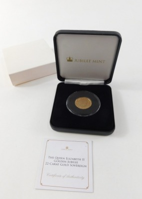 A Queen Elizabeth II Golden Jubilee 22ct gold sovereign, uncirculated proof, in outer case with paperwork. - 3