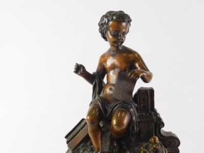 A late 19thC French bronze slate and gilt metal figural mantel clock, the top mounted with a seated putto holding a tablet, above a white enamel dial with Roman numerals on a shaped base, 43cm high. - 2