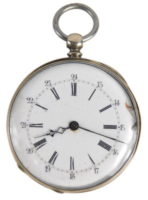 A 20thC open faced pocket watch, with Roman numeric and Arabic dial, gilt coloured pointers, with 4cm diameter enamel face, in plain case with vacant cartouche, key wind movement, white metal, 7cm high.