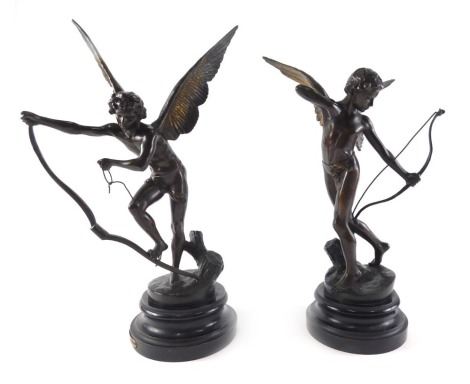 After Marie Cassavetti, Amour Irresistible, a bronzed spelter figure of a winged boy with arrow and another similar titled Amoura L'ark. (2)