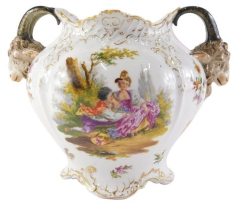 A Dresden porcelain two handled jardiniere, painted with a scene of figures within a rural wooded landscape surrounded by flowers, flanked by goat shaped handles, signed Dresden to the underside, 19cm high.