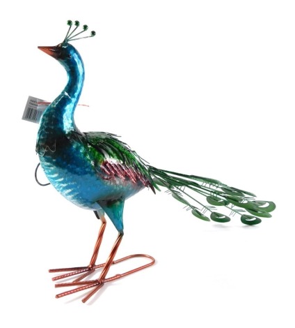 A Primus metal and enamel painted model of a standing peacock, 67cm wide.