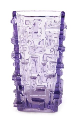 A purple Art Glass vase, of square section form, decorated with geometric devices, possibly Whitefriars, 18cm high.