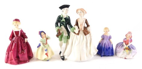 A collection of five figurines, a Coalport figure of Romance, Royal Worcester Grandmothers Dress, and three Royal Doulton figures of Babie, Marie and Monica. (Monica AF)