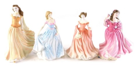 A collection of porcelain figurines, Royal Doulton Lauren, Faith, Ruth, and a Royal Worcester figure of a Wistful, sold with various stands.