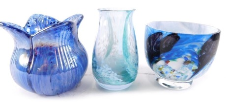 Three items of Studio glass, to include a Scottish bowl with mottle glaze, 9cm high, a Caithness vase, etc.