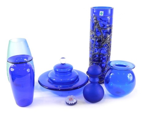 A Czech Republic Art Glass vase, with metallic trailed decoration, labelled BAG, and other coloured glass.