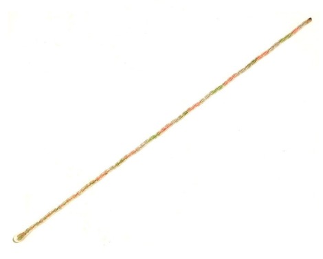 A large Victorian glass walking cane, barley twist with orb top, set with small coloured beads, 126cm long.