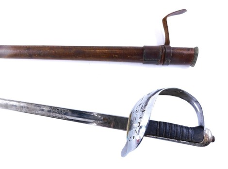 A J.R. Gaunt and Sons George V officers sword, with engraved and pierced guard, shark skin handle and leather scabbard, 102cm long.