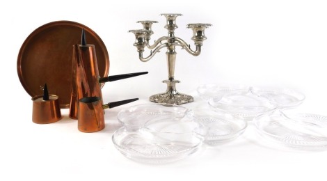 A Copral Portuguese 1960's copper coffee set, with ebonised handles and a tray, a set of Val St. Lambert half moon shaped glass hors d'oeuvre dishes, and a five branch silver plated candelabra.