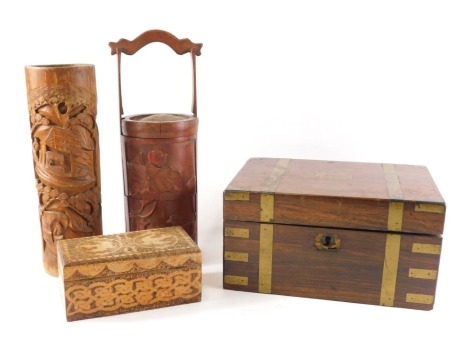 A Victorian walnut and brass bound writing box, (AF), an Oriental bamboo food container, vase, etc.