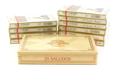 Ten packs of five King Edward Invincible Deluxe cigars, and an open pack of twenty five Saludos cigars.