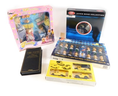 Various collectables, to include a Corgi James Bond collection film canister eight piece gift set, Pink Floyd volume two cassette set, England football squad figurines from 1995, boxed doll, etc.