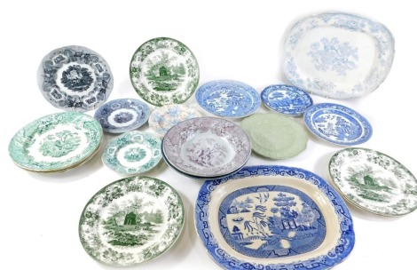 Various 19thC North East pottery, Middlesbrough, etc., a Grenada transfer printed plate, another WB and Co Wedgwood plate transfer printed with flowers, 18cm diameter, Willow pattern and other blue and white, 19thC Wild Rose Middlesbro pottery plate impre