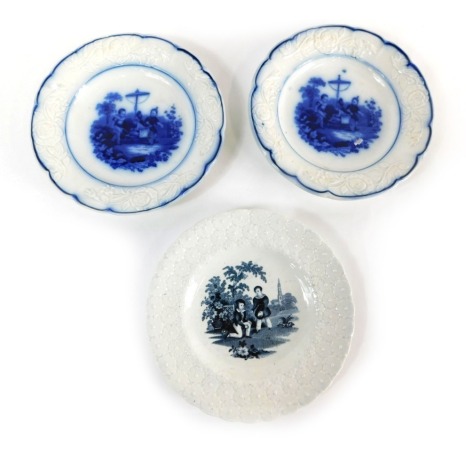 A pair of Middlesbrough pottery plates, marked Juvenile, in blue and white with raised floral decoration, impressed anchor mark beneath, 19cm wide and a further Middlesbrough pottery Child's Play, black and white transfer printed with raised floral border