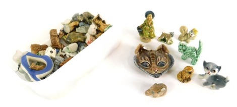 Various Wade Whimsies, cat head saucer, 8cm high, various other Whimsies, etc. (a quantity)