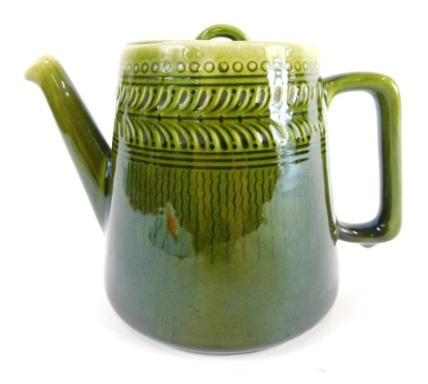 A Linthorpe pottery teapot, with AB script mark no. 798, green glazed with a upper fern leaf decoration, impressed marks beneath, possibly by Alec Burns, 15cm high.