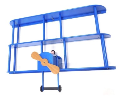 A decorative child's wall shelf formed as a biplane, predominately in blue, 80cm high.