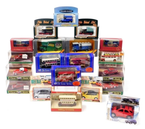 Corgi Gilbow and other die cast sports cars, buses, and vintage trucks, all boxed. (a quantity)