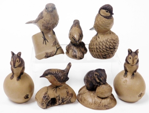 A group of Poole buff pottery figures, of animals and birds. (7)