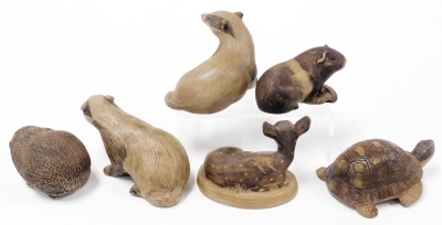 Six Poole buff pottery figures of animals, comprising two badgers, a guinea pig, a fawn, hedgehog and a tortoise. - 2