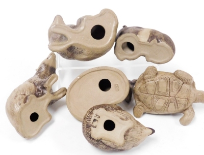 Six Poole buff pottery figures of animals, comprising two badgers, a guinea pig, a fawn, hedgehog and a tortoise. - 3