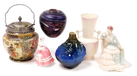 A group of ceramics and glass, including a Coalport Age of Elegance figure modelled as Evening at the Opera, a Belleek porcelain vase, abstract pottery vase, and a purple swirl glass vase. (6)