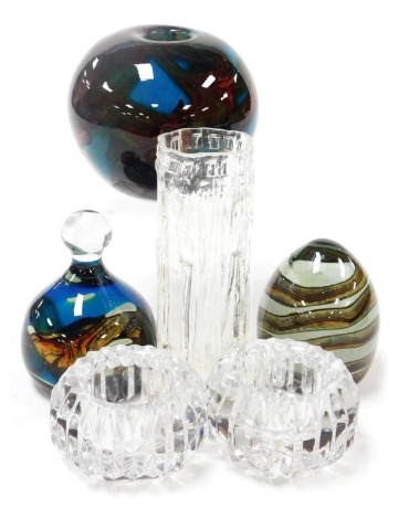 Three pieces of Mdina glass, comprising a vase and two paperweights, a pair of Victorian cut glass salts, and a Whitefriars bark effect glass vase. (6)