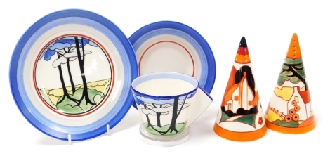 A pair of Wedgwood Clarice Cliff Bizarre Centenary pottery sugar sifters, comprising Farmhouse and Red Roof, together with a trio, all boxed.