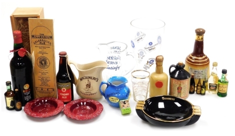 Breweriana collectables, including a Senior Service water jug, pair of Carlsberg Lager ashtrays, small flagon of mead, bottle of Christopher Columbus Millennium Celebration ale 1999, Arklo pottery Guinness ashtray and miniature liqueurs.