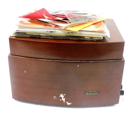 A Pye The Black Box record reproducer, model 1004, mahogany cased, together with LPs and singles. Buyer Note: WARNING! This lot contains untested or unsafe electrical items. It is supplied for scrap or reconditioning only. TRADE ONLY