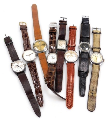 Gentleman's wristwatches, mid century and later, including Summit, Montrose, Cyma, and Limit, all with leather straps. (8)