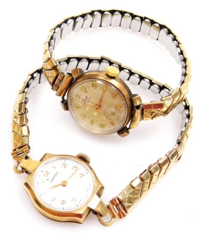 A Vertex lady's 9ct gold cased wristwatch, circular white dial bearing Arabic numerals, in an oblong case, presentation engraved, on a plated strap, and an Elko yellow metal cased wristwatch, circular champagne dial bearing Arabic numerals at evens, subsi