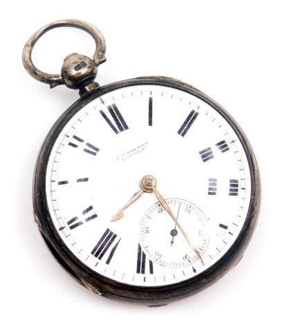 A Victorian gentleman's silver cased pocket watch, JD Fisher, Lincoln, open faced, keywind, circular enamel dial bearing Roman numerals, subsidiary seconds dial, the case with engine turned decoration, circular vacant reserve, London 1875.